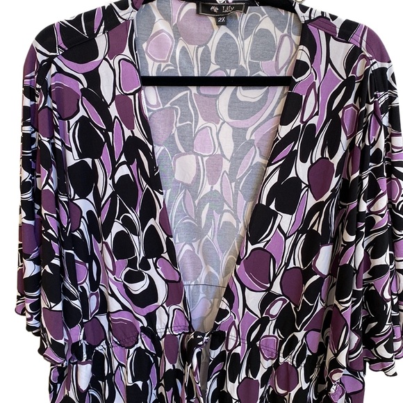 Lily 🖤💜🤍 Geometric Retro Patterned Long Open Topper, Elastic Waist Front Tie - Picture 3 of 15